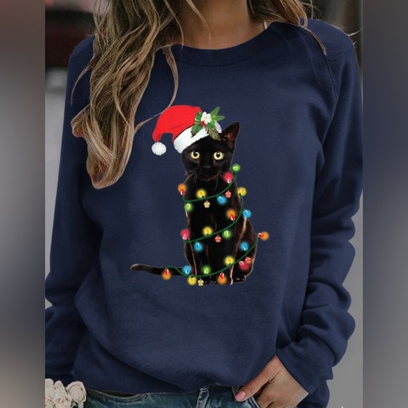 Tops - Christmas Cat Santa Hat Lights Novelty Sweatshirt Size Large